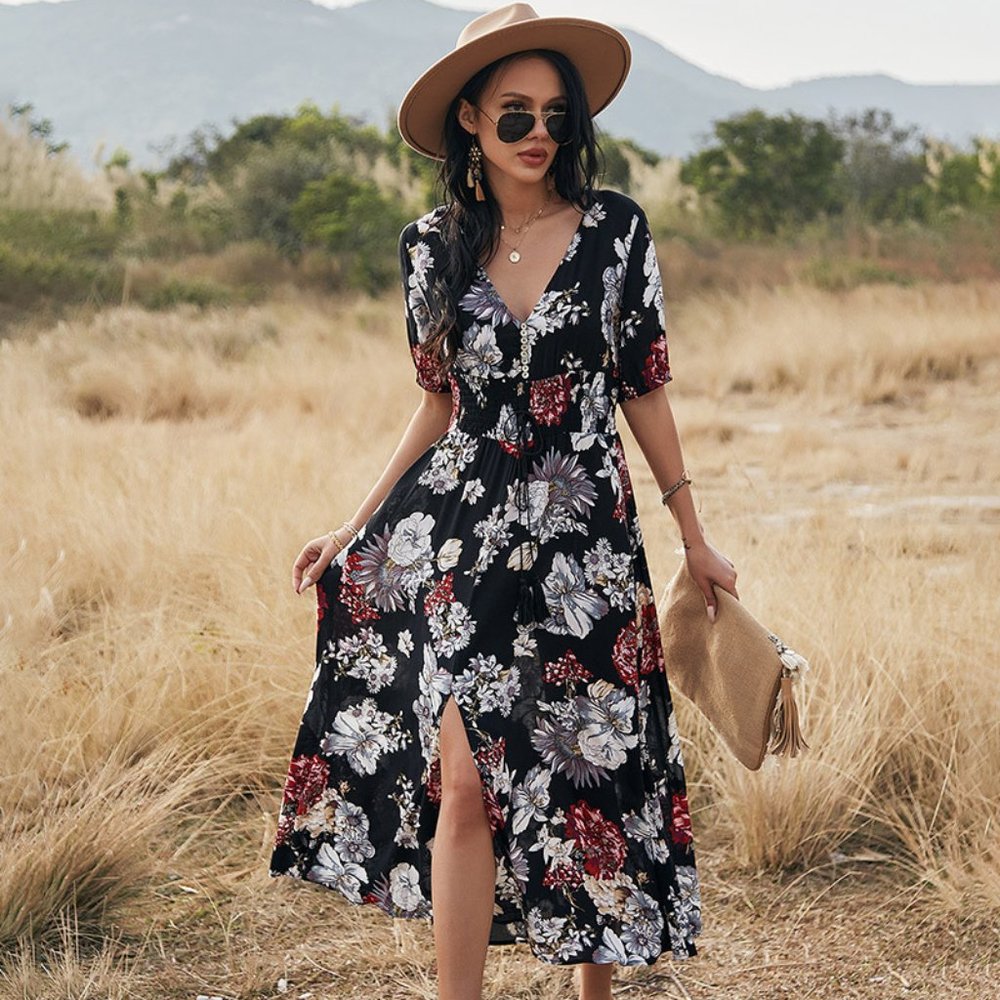 Floral Summer Beach Dress With V Neck Elastic Waist Dresses For Women